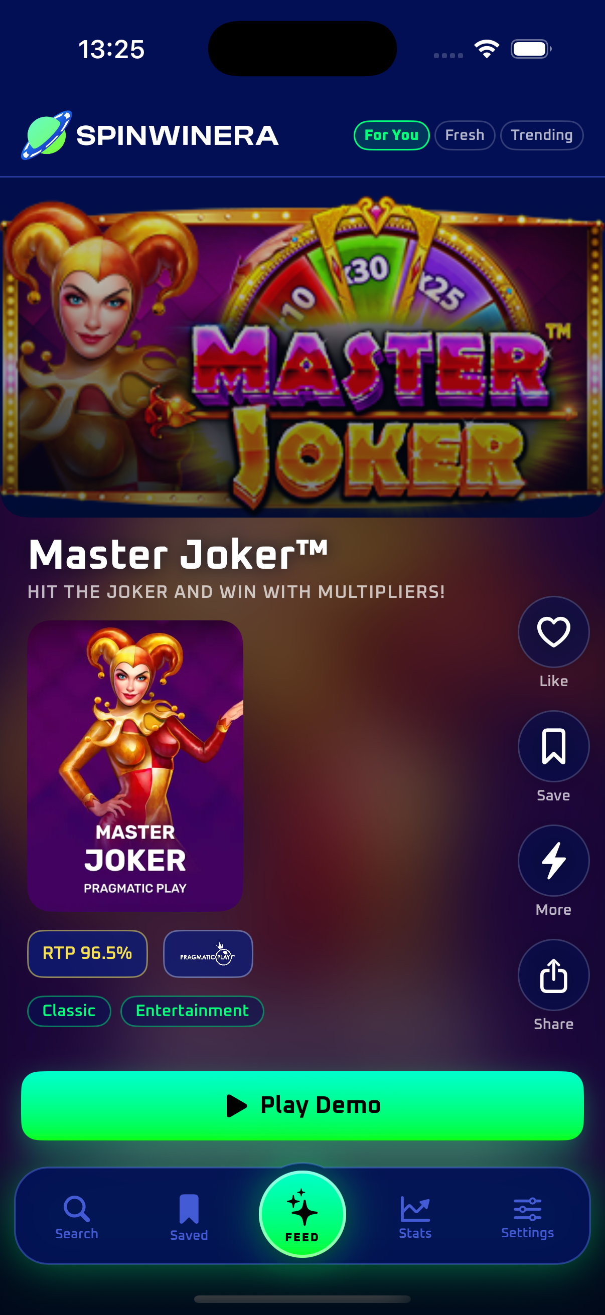 Spinwinera feed showing a free Master Joker demo card with Play Demo