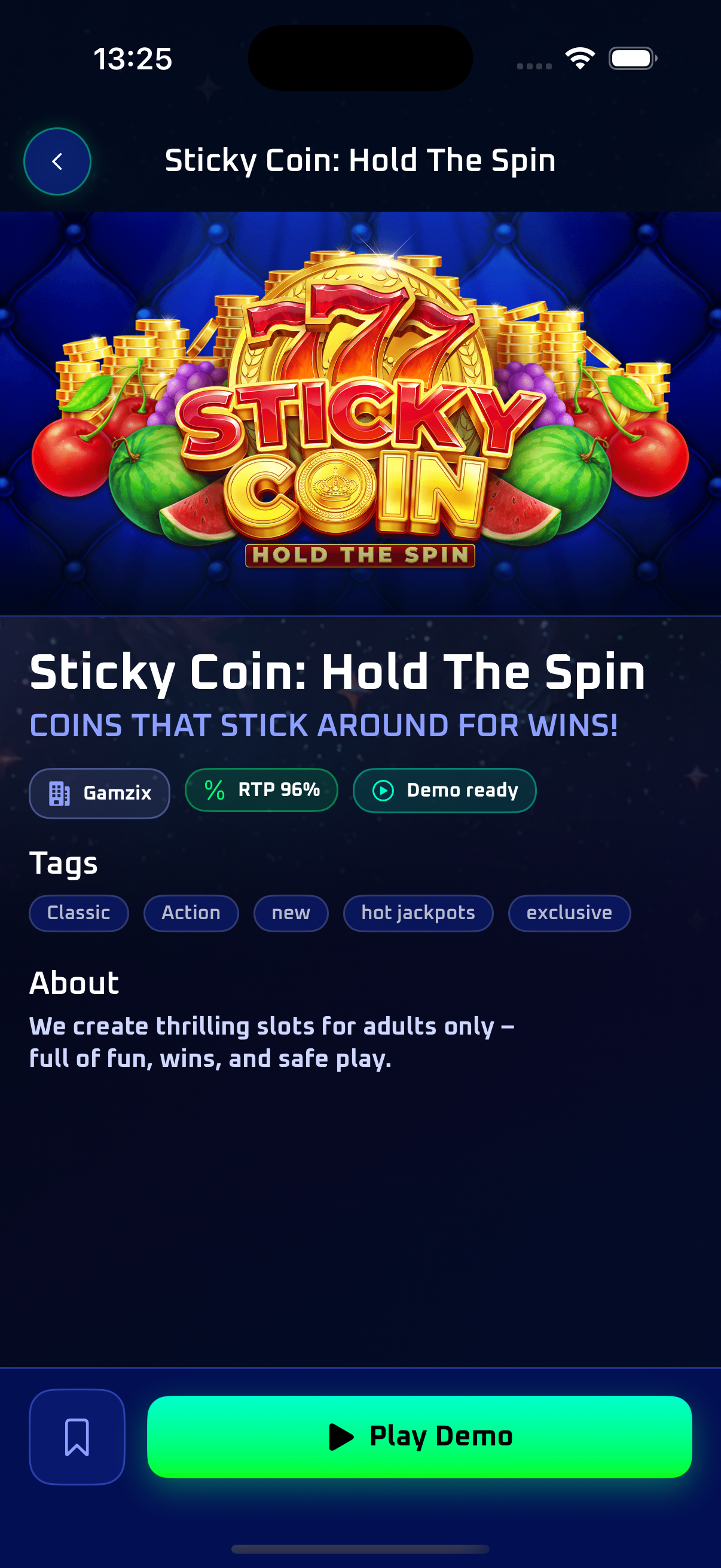 Spinwinera game details screen for Sticky Coin Hold The Spin