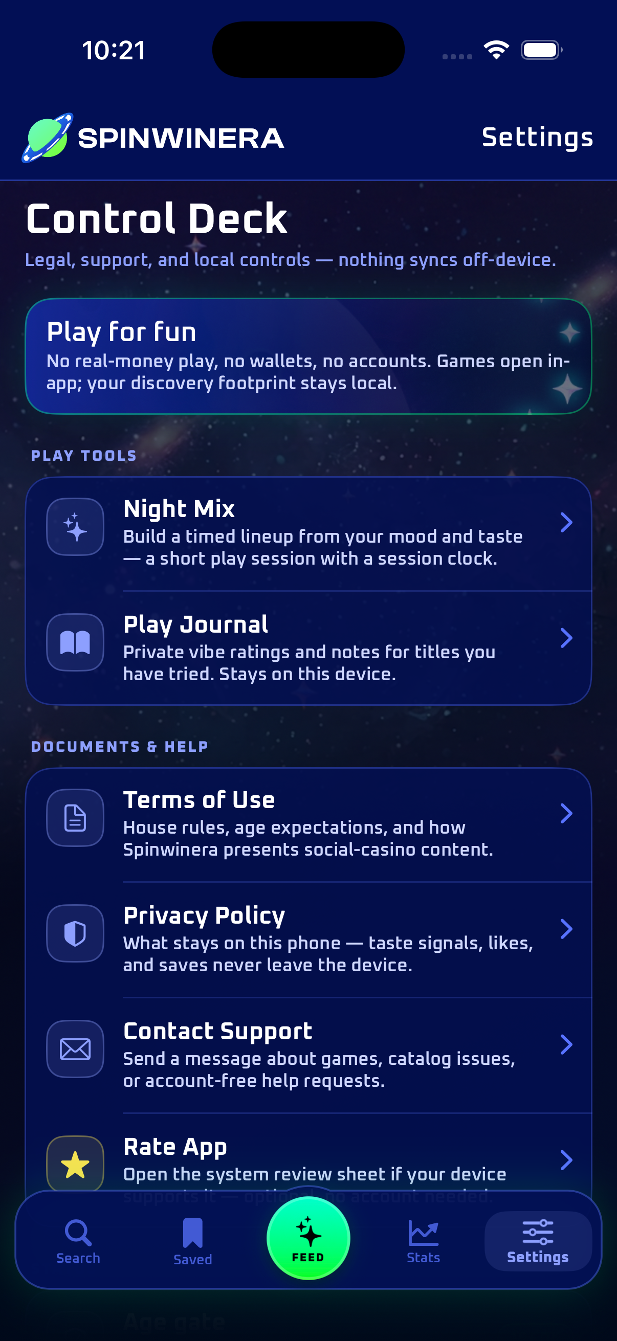 Settings and play tools