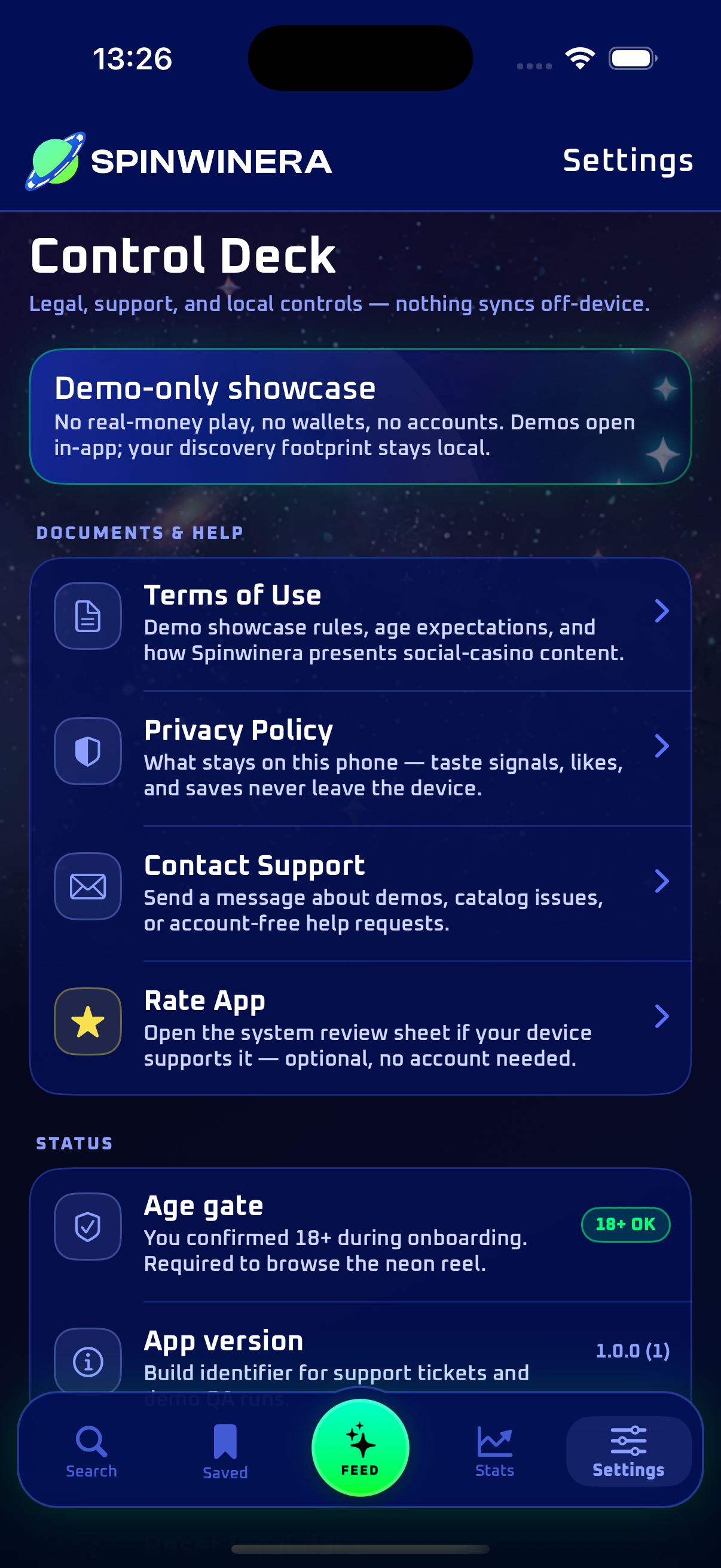 Spinwinera Control Deck settings with legal and support